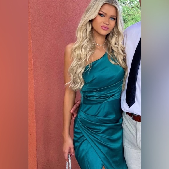 Dreaming of Elegance Dark Teal Satin One-Shoulder Maxi Dress - Picture 4 of 8